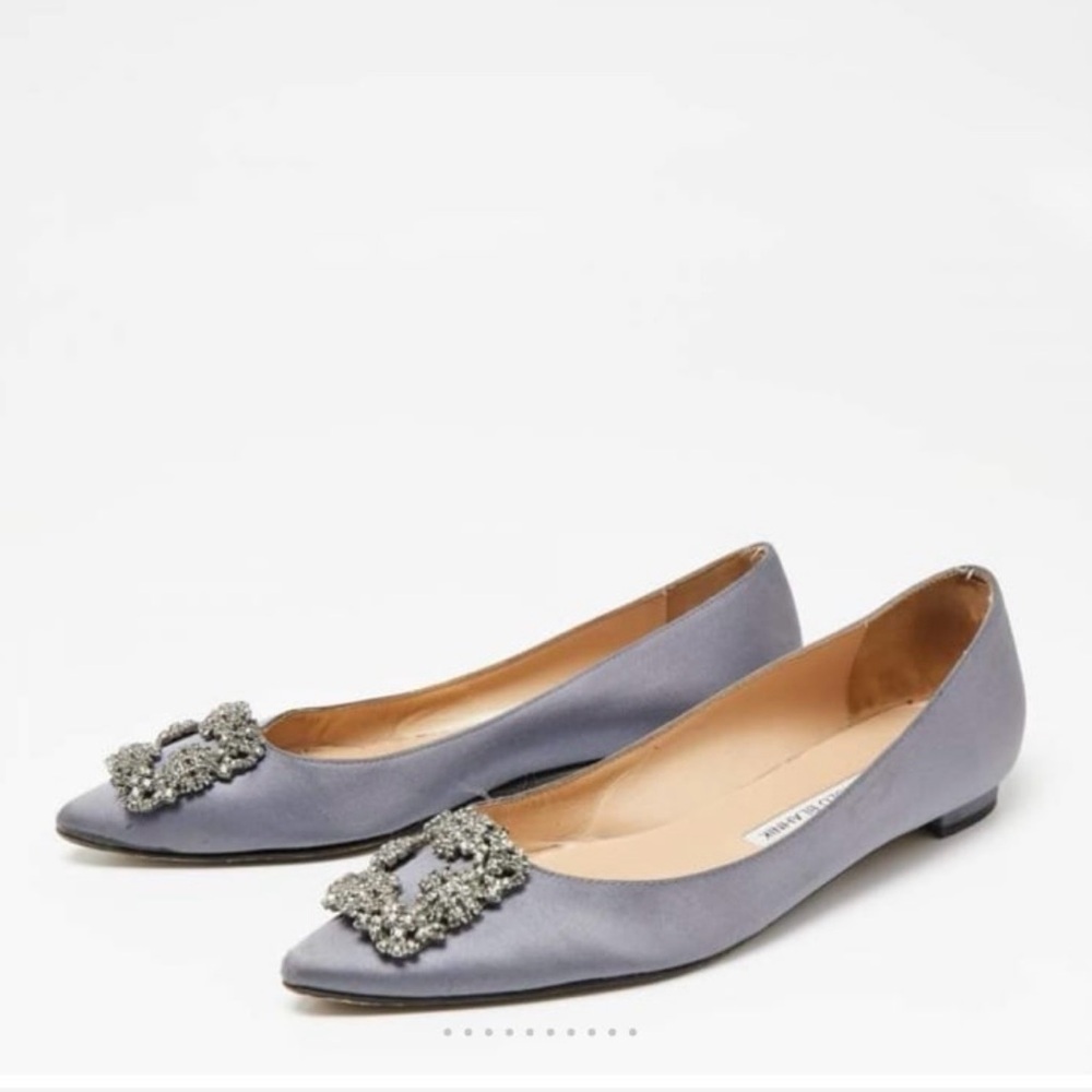 Satin Pointed Toe Embellished Flats - Gray